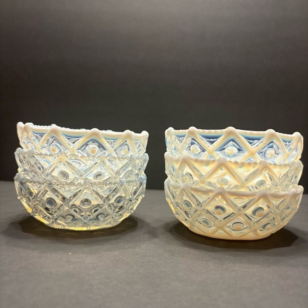 Rare Vintage Antique Aetna Glass Hobnail Square Berry Bowls (6) White Opalescent